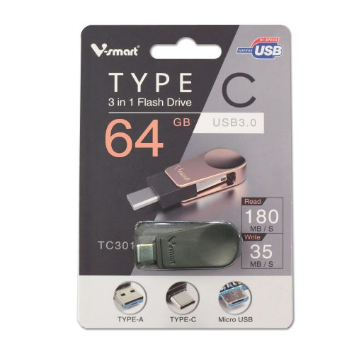 V-smart TC-301 USB 3.0 Type C Flash Drive | 3 In 1 USB 3.0, USB C, Micro USB | High Speed OTG Flash Drive