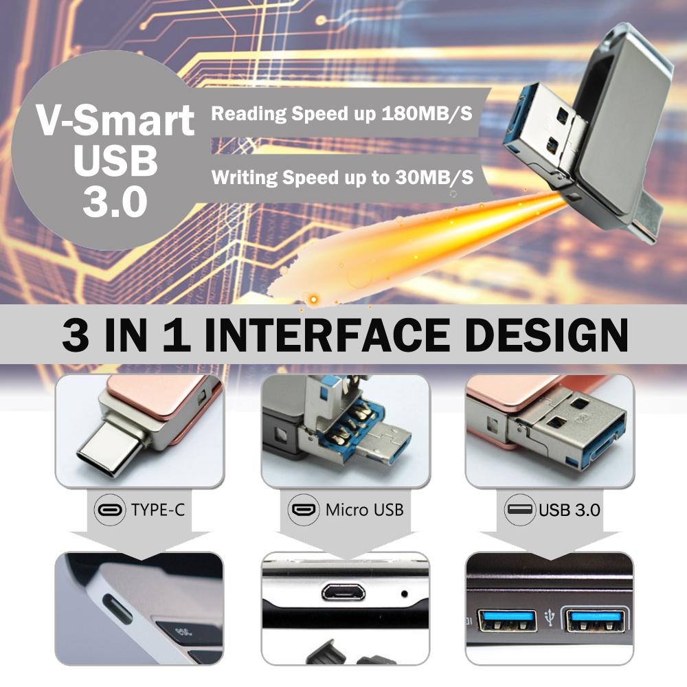 V-smart TC-303 USB 3.0 Type C Flash Drive | 3 In 1 USB 3.0, USB C, Micro USB | High Speed OTG Flash Drive